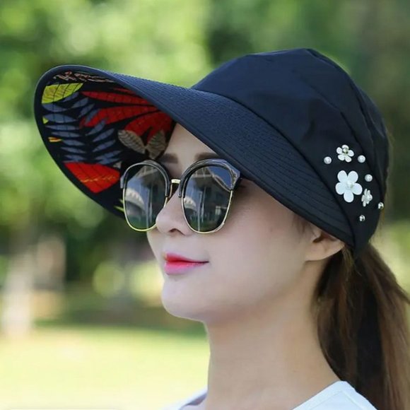 Floral Embellished Black Sun Hat - Picture 1 of 9